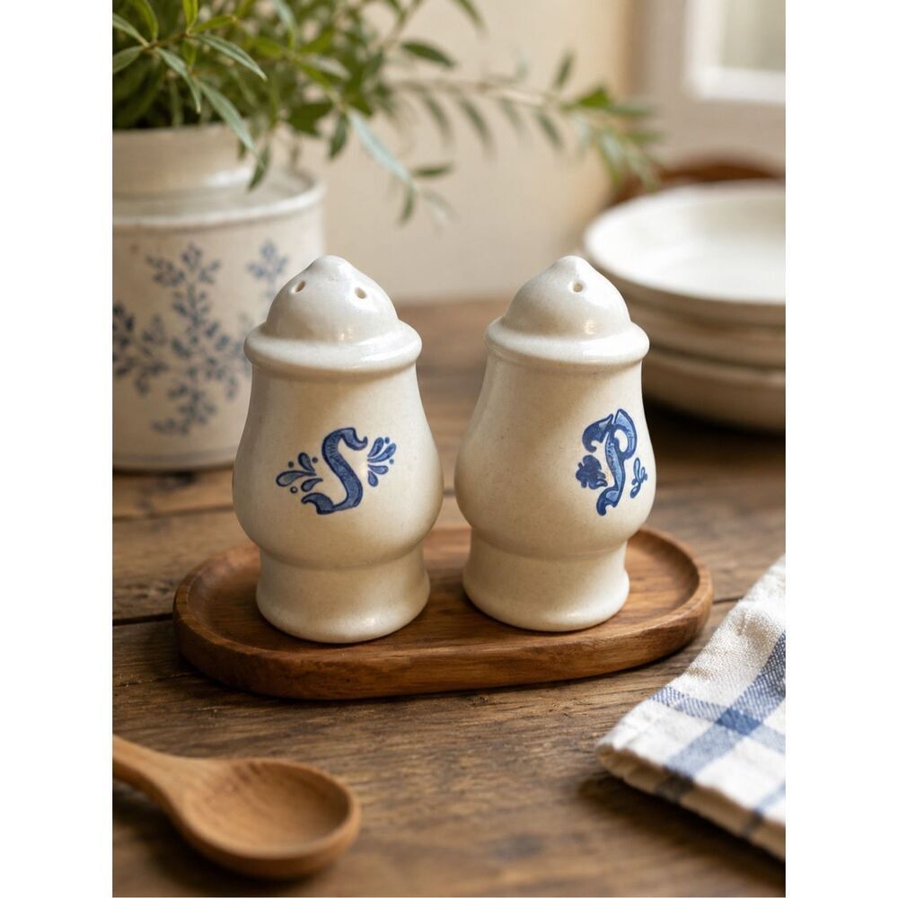Pfaltzgraff Yorktowne Salt & Pepper Shakers Set w/ Stoppers Blue Gray Stoneware